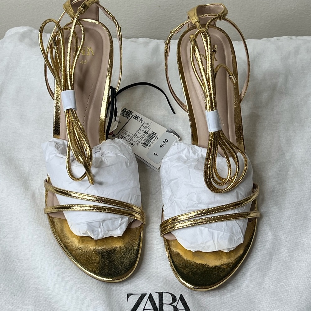 Zara Gold Lace up  Sandals - Picture 3 of 14